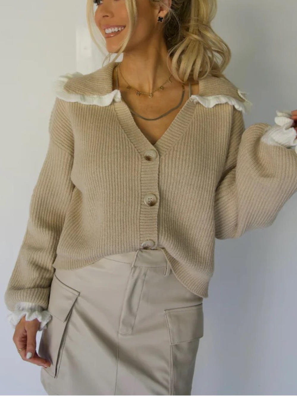 Beige Ruffle-Trim Knit Cardigan